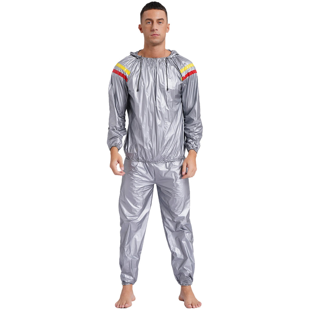 Mens Sports Outfits Sauna Sweat Sets Long Sleeve Hooded Jacket Outerwear and Long Pants PVC Sweating Suit for Gym Workout Yoga