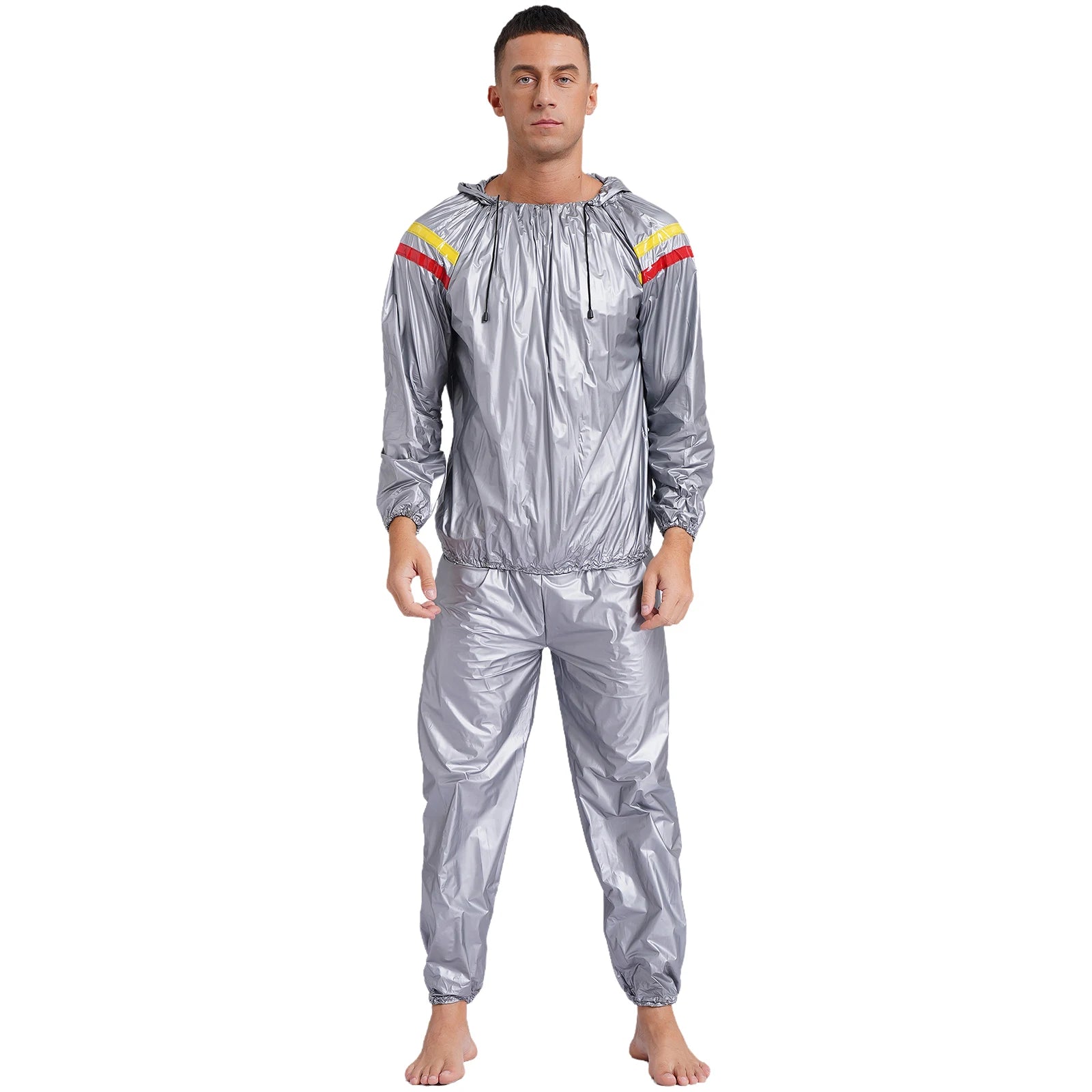 Mens Sports Outfits Sauna Sweat Sets Long Sleeve Hooded Jacket Outerwear and Long Pants PVC Sweating Suit for Gym Workout Yoga