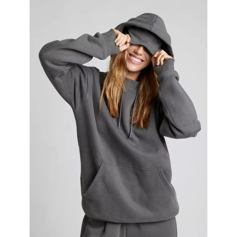 Fitness Workout Outfits Autumn Winter Women Tracksuit Sport Pocket Sweatshirt Hoodies with Eye Patch Sweatpants Two Piece Set
