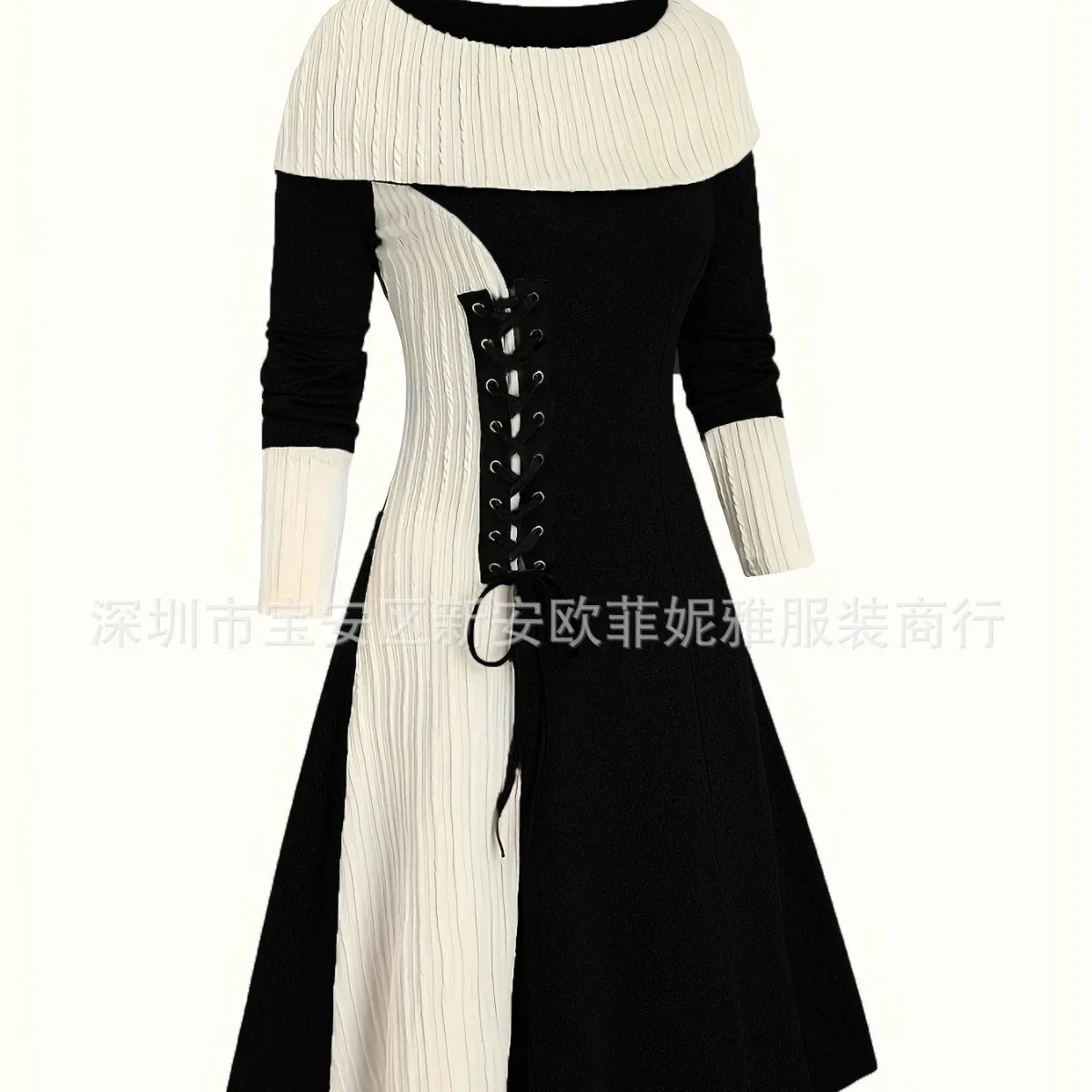 Fall Winter Women Dresses Elegant Temperament Colorblocked Dress Warm Long Sleeved Long Commuter Skirt for Female Dress 2025