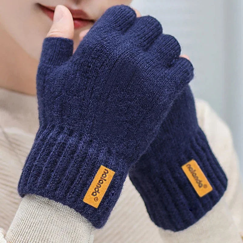 Winter Half-Finger Knitted Gloves for Men: Warm, Stretchy, Thick – Fits Office, Bicycle, Driving & Student Writing