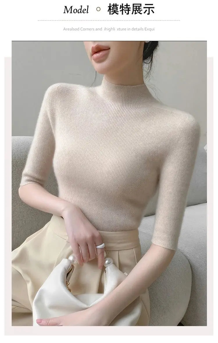 Sweater Spring Autumn High Neck Middle Sleeve New Knitted Base Knitted Half Sleeve Five-Pin Slim Tops