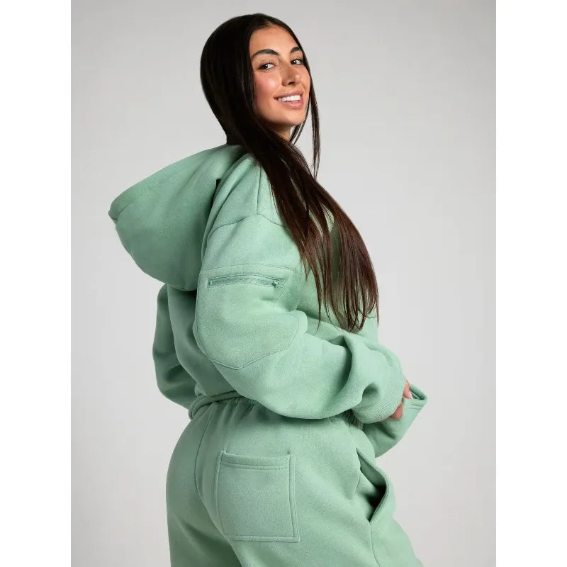 Fitness Workout Outfits Autumn Winter Women Tracksuit Sport Pocket Sweatshirt Hoodies with Eye Patch Sweatpants Two Piece Set