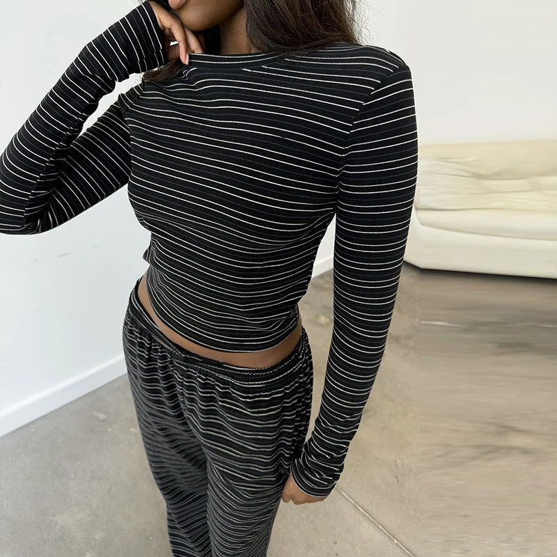 Women Casual Workout 2 Piece Pants Set Teen Girl Striped Long Sleeve Crop Top T-shirts + Wide Leg Trousers Autumn Lounge Outfits