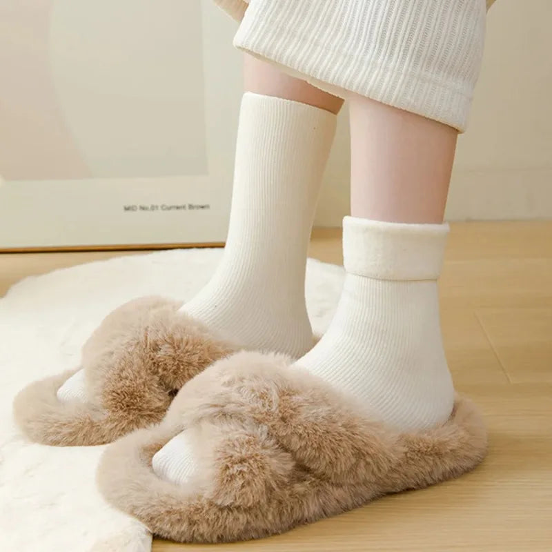 5 Pairs Snow Socks For Women Autumn Winter Socks With Fuzzy Thickened Warm Sleeping Floor Stockings Women's Solid Color Socks