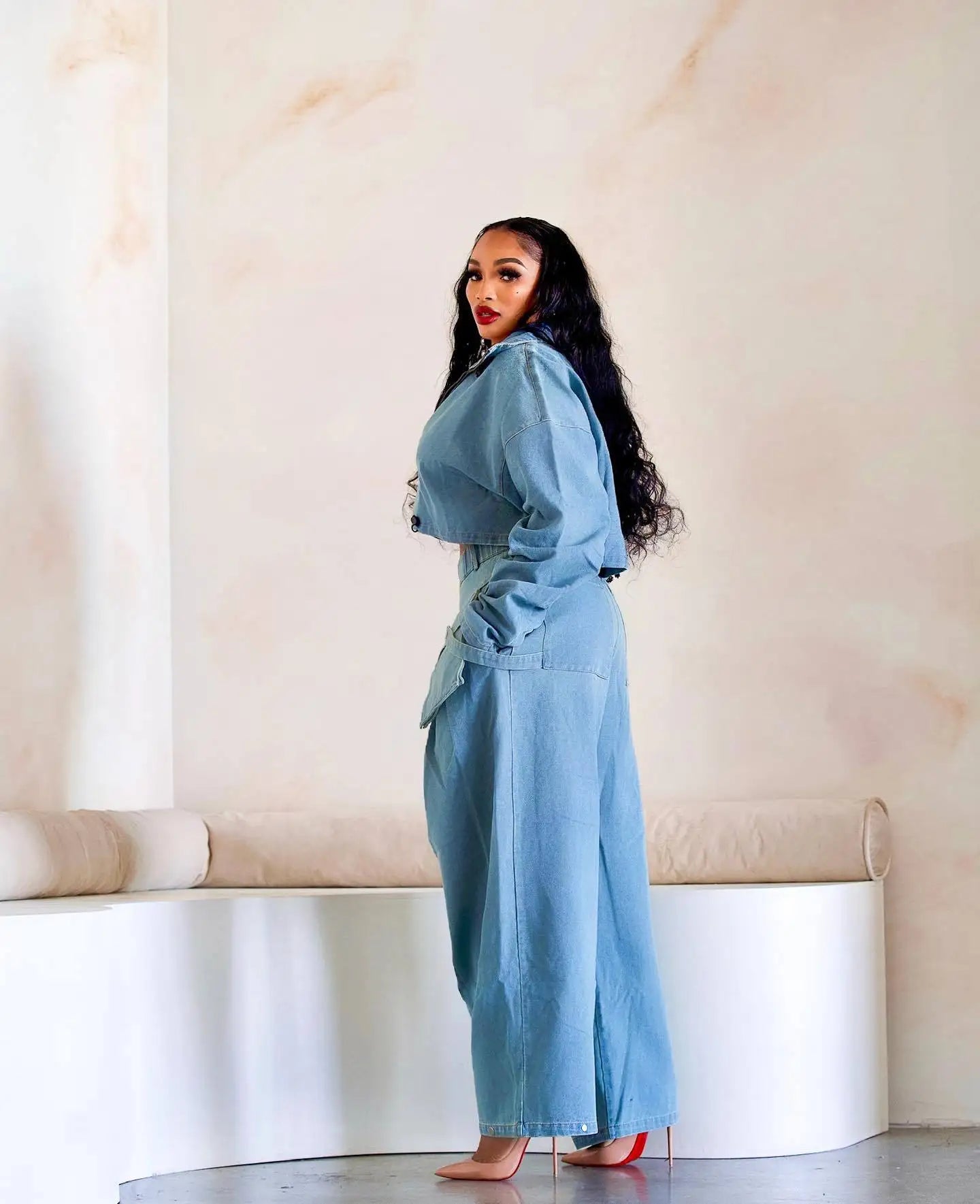 Fall Denim Suit For Women Long Sleeve Lapel Top And Wide Leg Pant Outfits Comfortable Solid Color Ladies Two-Piece Set