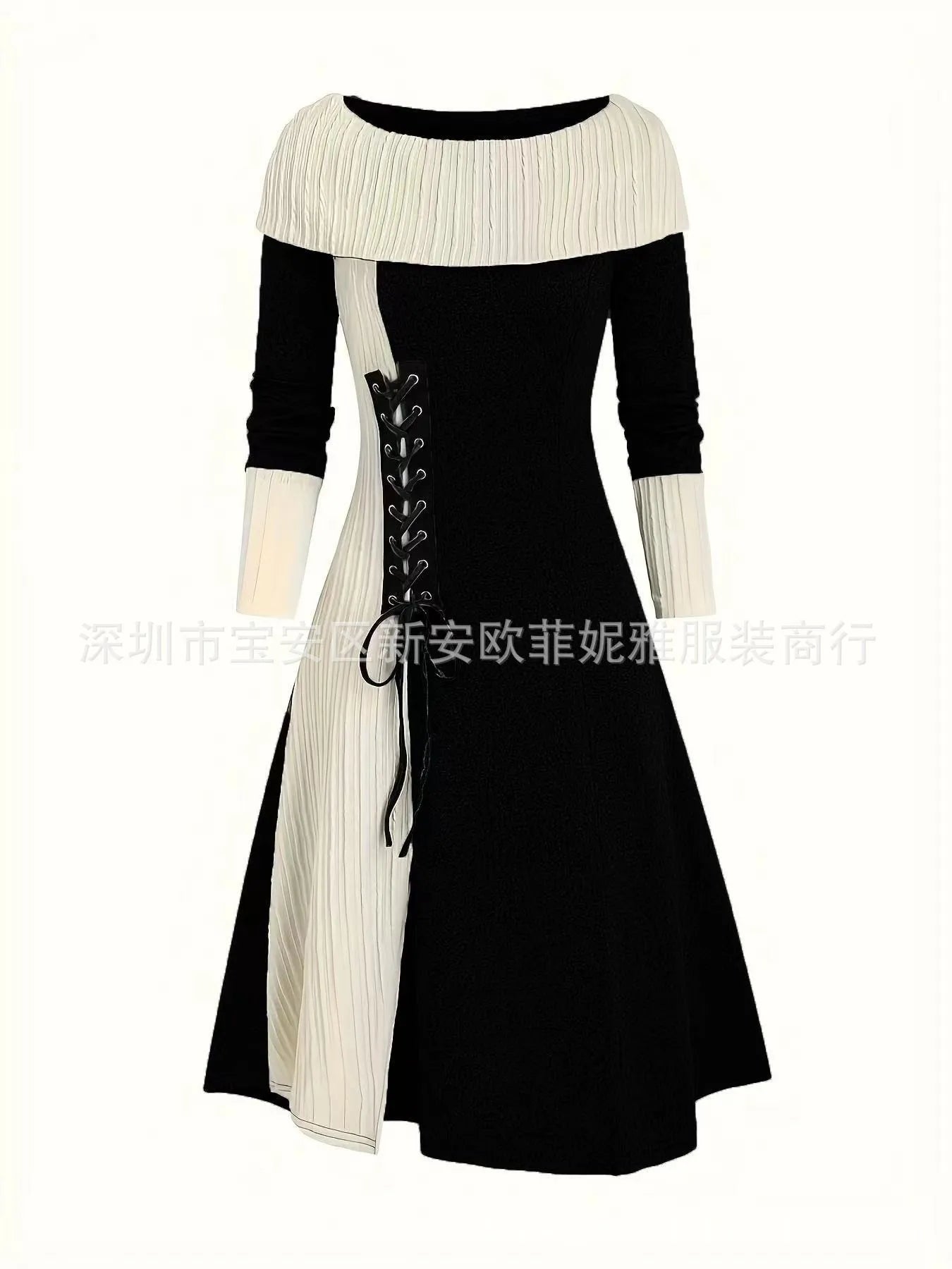 Fall Winter Women Dresses Elegant Temperament Colorblocked Dress Warm Long Sleeved Long Commuter Skirt for Female Dress 2025