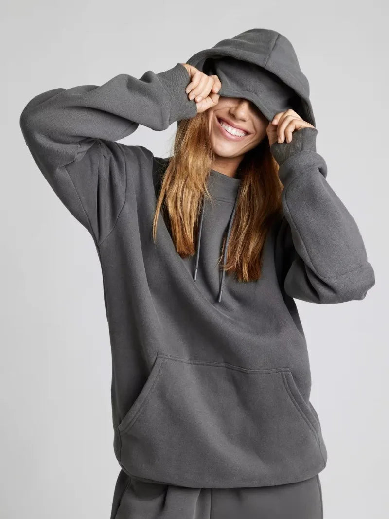 Fitness Workout Outfits Autumn Winter Women Tracksuit Sport Pocket Sweatshirt Hoodies with Eye Patch Sweatpants Two Piece Set