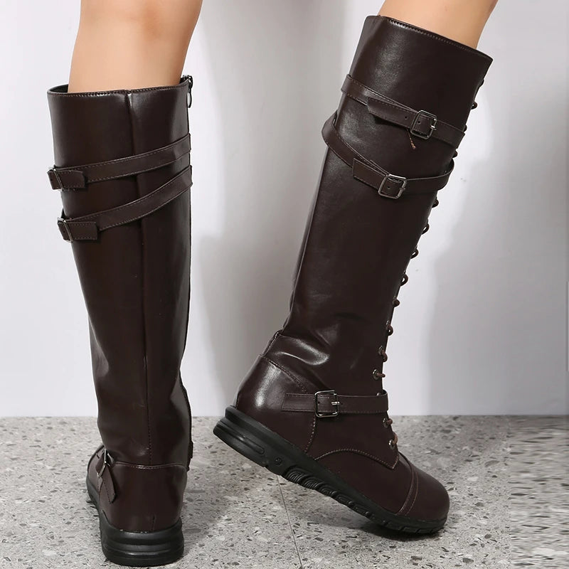 Winter Boots for Women 2024 Combat Cowboy Knee High Long Leather Platform Shoes Black Gothic New Rock Punk