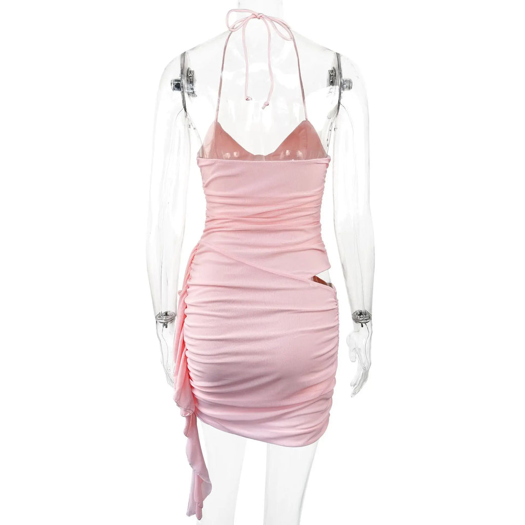 Fairyshely Sexy Summer Lady Pink Short Club Dress Ladies 2024 Tied Halter Bodycon Dresses Evening Party Hollow Tight Mini Dress