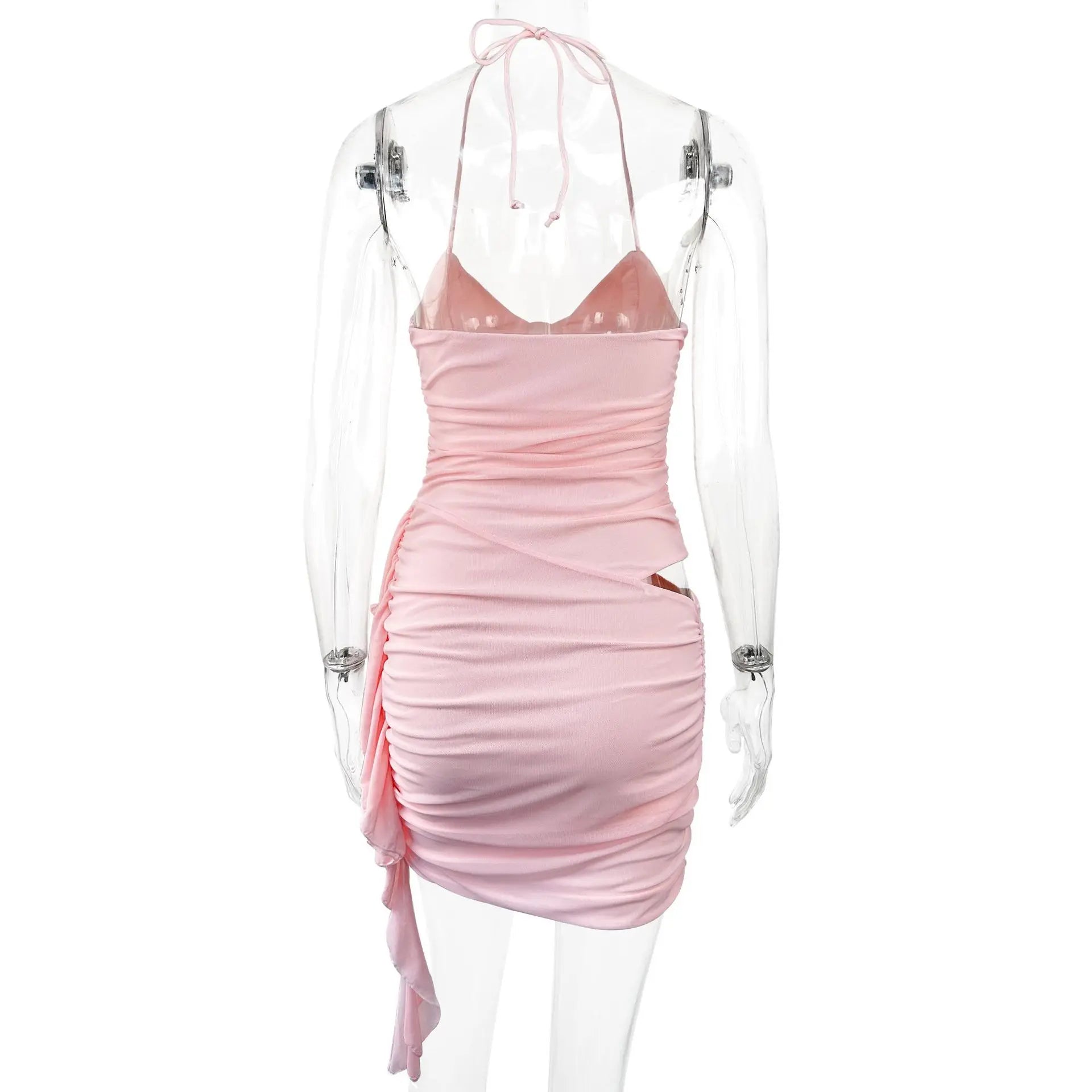 Fairyshely Sexy Summer Lady Pink Short Club Dress Ladies 2024 Tied Halter Bodycon Dresses Evening Party Hollow Tight Mini Dress