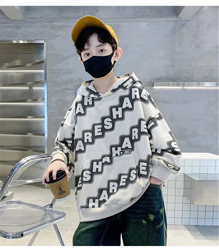 Boys Hoodies Spring Autumn Young Children's Clothes Long Sleeve Kids Pullover Hooded Sweatshirts Tops for Boys 5 To 14 Years Old