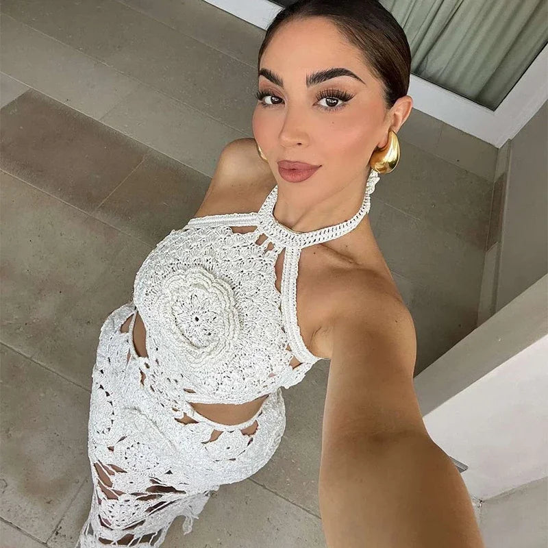 Hook Crochet Flower Long Dresses Women Knitted Halter Sexy Hollow Out Sleeveless Backless Maxi Dress Holiday Fashion Beach Robes