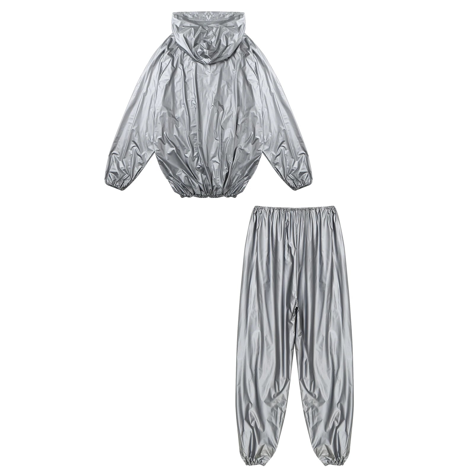 Mens Sports Outfits Sauna Sweat Sets Long Sleeve Hooded Jacket Outerwear and Long Pants PVC Sweating Suit for Gym Workout Yoga