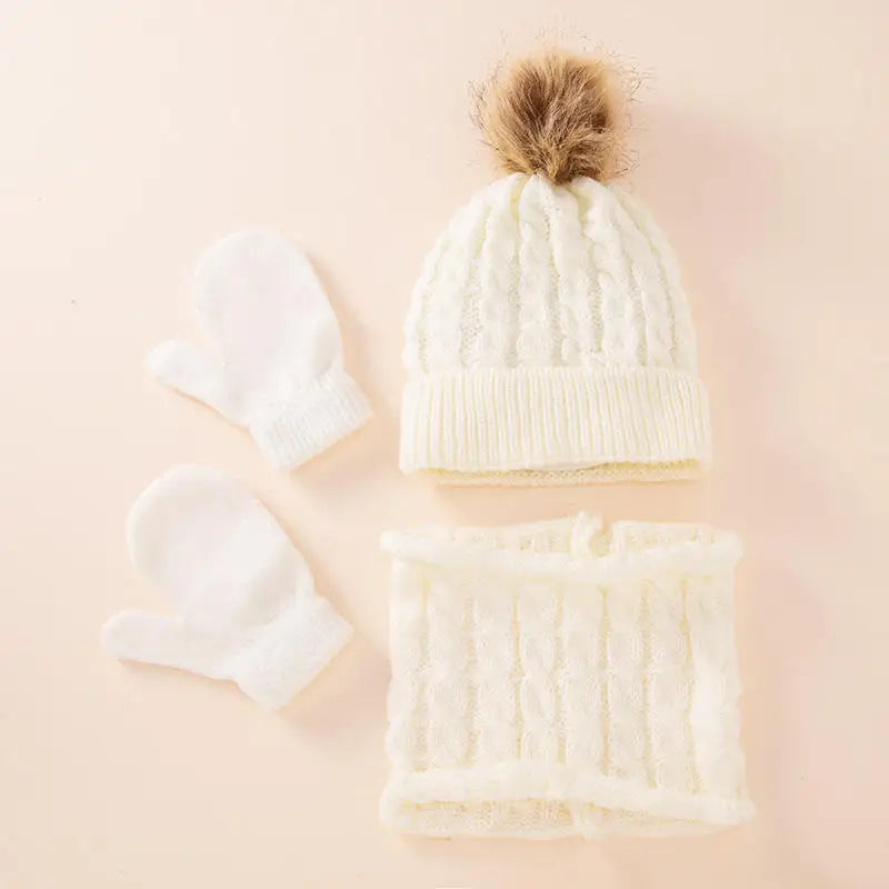 Children's Hat Scarf Gloves Suit Wool Monochrome Fried Dough Twists Warm Three Piece Children's Hat Scarf Gloves Suit