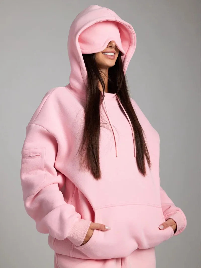 Fitness Workout Outfits Autumn Winter Women Tracksuit Sport Pocket Sweatshirt Hoodies with Eye Patch Sweatpants Two Piece Set