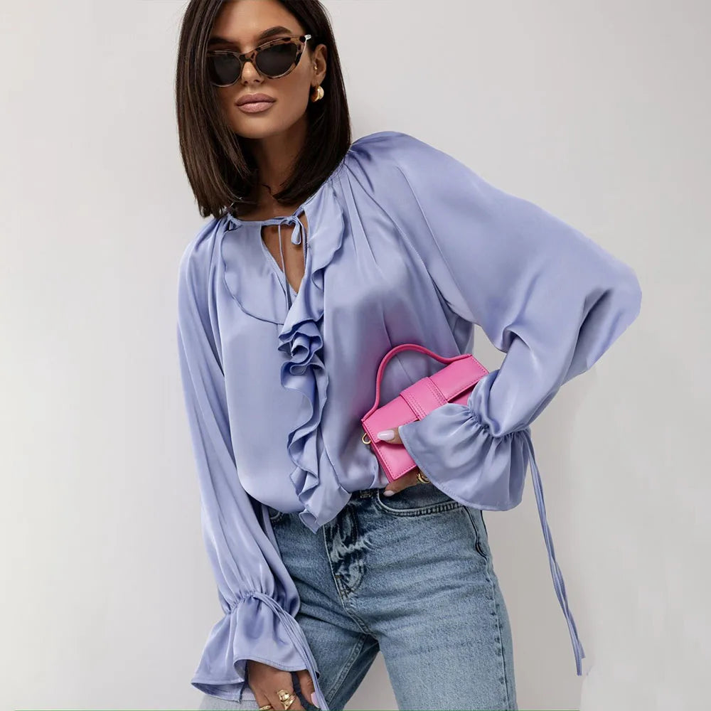 Fashion Fall Ruffles Blouse Women 2025 Autumn Winter Long Sleeve Loose Lace-up Shirts And Blouses Tops Elegant