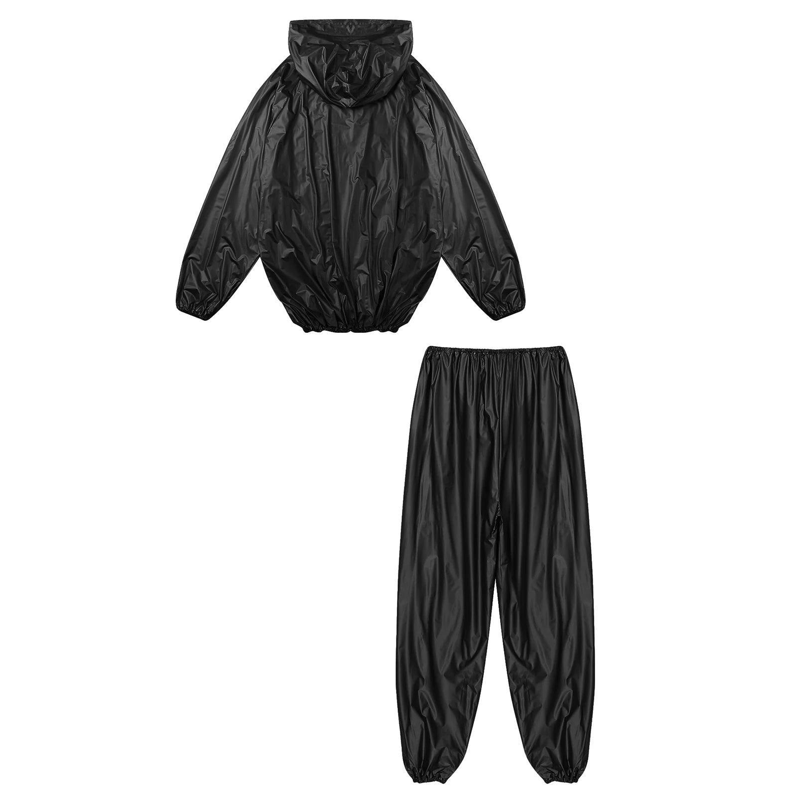Mens Sports Outfits Sauna Sweat Sets Long Sleeve Hooded Jacket Outerwear and Long Pants PVC Sweating Suit for Gym Workout Yoga