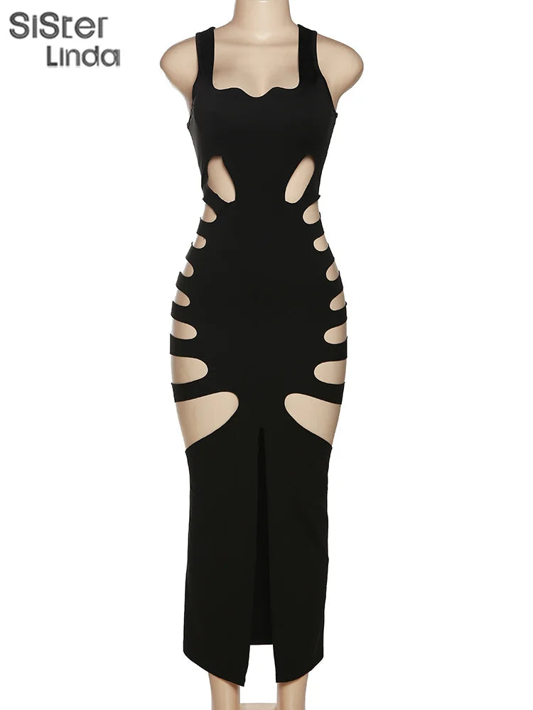 Sisterlinda Sexy Hollow Elegant Midi Dress Women 2023 Summer Sleeveless Hipster Side Split Bodycon Party Clubwear Vestidos Mujer