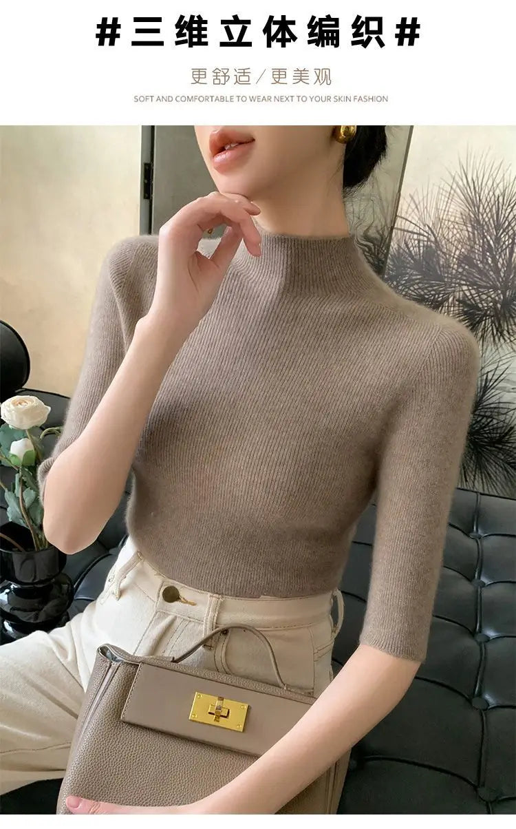 Sweater Spring Autumn High Neck Middle Sleeve New Knitted Base Knitted Half Sleeve Five-Pin Slim Tops