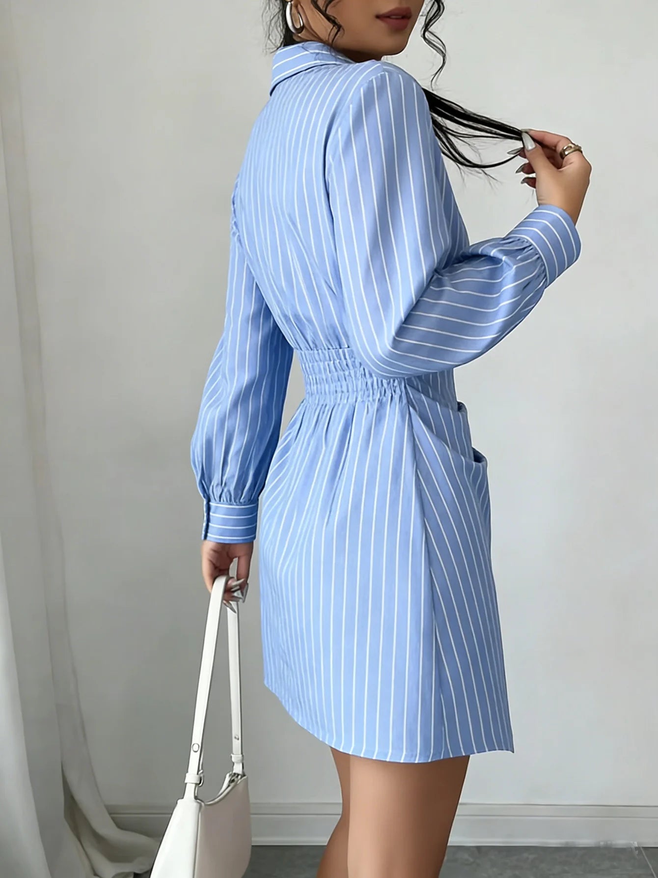 Women Dress Striped Wrap V Neck Ruched Shirt Mini Dress Chic New Spring Summer Preppy Dress Office Work Date Tailored Dress