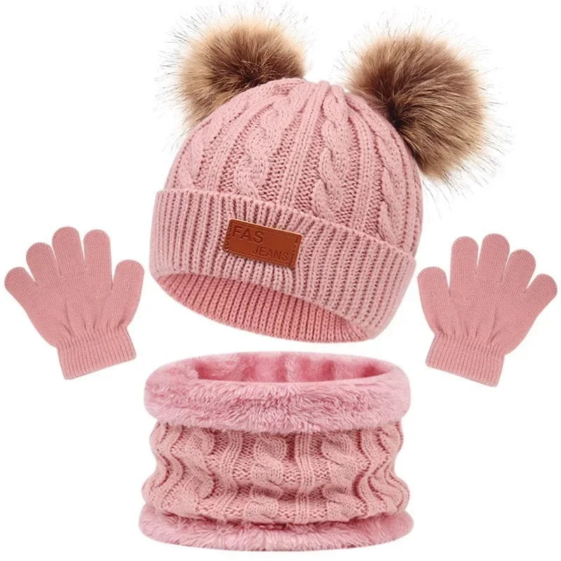 Three Piece Set of European and American Hats Scarves Gloves Autumn and Winter Single Ball Double Ball Colorful Ball Hat