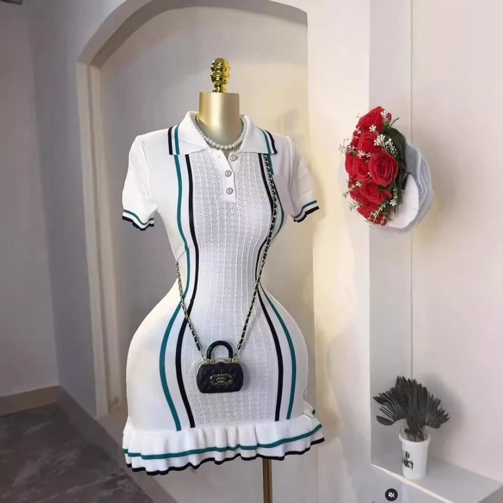 YuooMuoo Chic Fashion Sexy Package Hips Knitted Mini Dress 2026 Summer Vintage Turn-down Collar Ruffled Party Dress Streetrwear