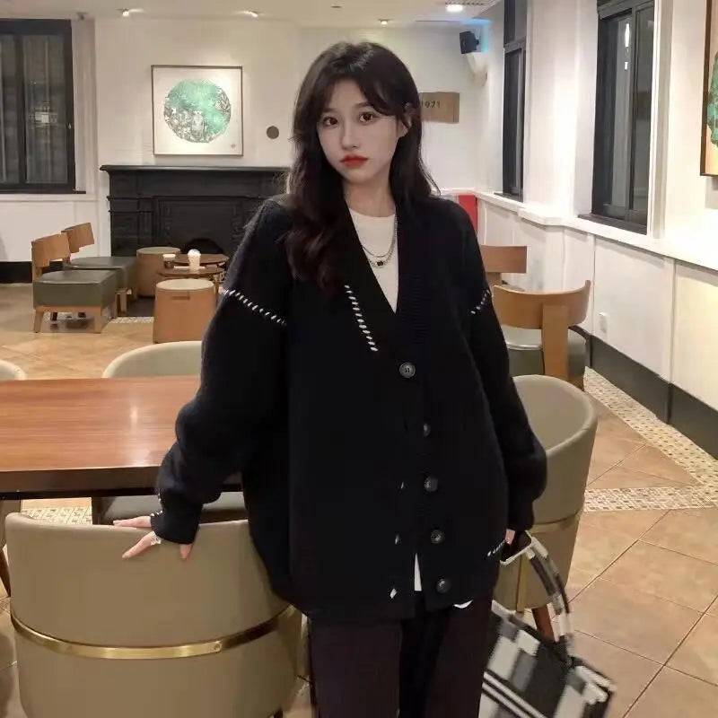 Sweater for Women in Autumn Winter V-neck Sweater Warm Loose Versatile College Style Chic Cardigan Early Jacket Trendy