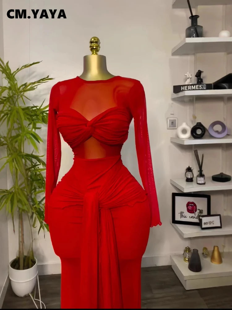 CM.YAYA Women Mesh See Though Long Sleeve Maxi Bowknot Long Dress 2026 Birthday Vacation Sexy Club Party Evening Street Dresses