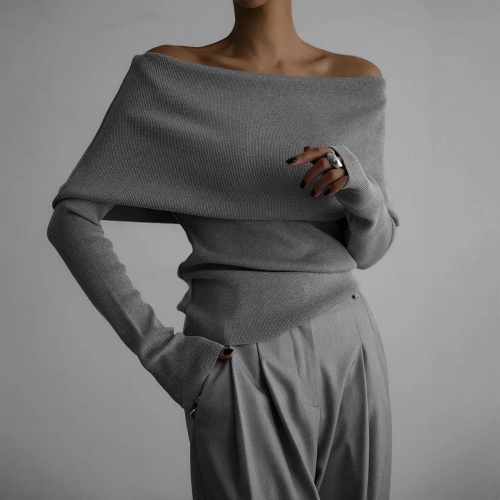 Sweater Women's Autumn and Winter Style Long Sleeved Knitted Base Shirt, One Shoulder Sexy Slim Fit Off Shoulder Top