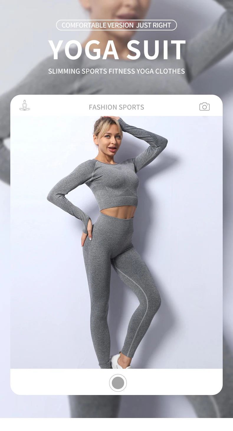 Women Yoga 2 Pieces Workout Outfits Seamless High Waist Leggings Sports Crop Top Running Clothes Sets