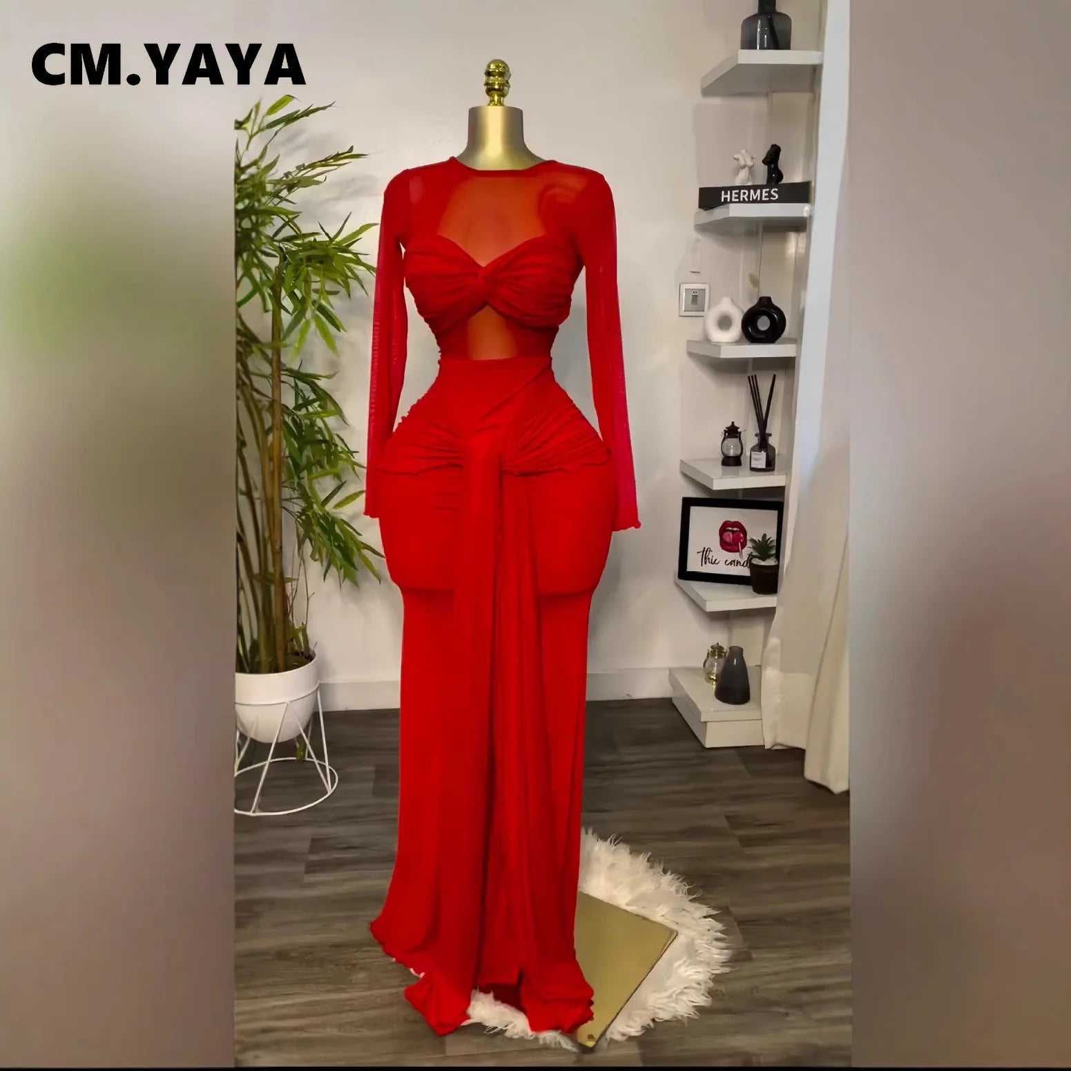 CM.YAYA Women Mesh See Though Long Sleeve Maxi Bowknot Long Dress 2026 Birthday Vacation Sexy Club Party Evening Street Dresses