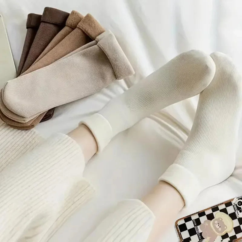 5 Pairs Snow Socks For Women Autumn Winter Socks With Fuzzy Thickened Warm Sleeping Floor Stockings Women's Solid Color Socks