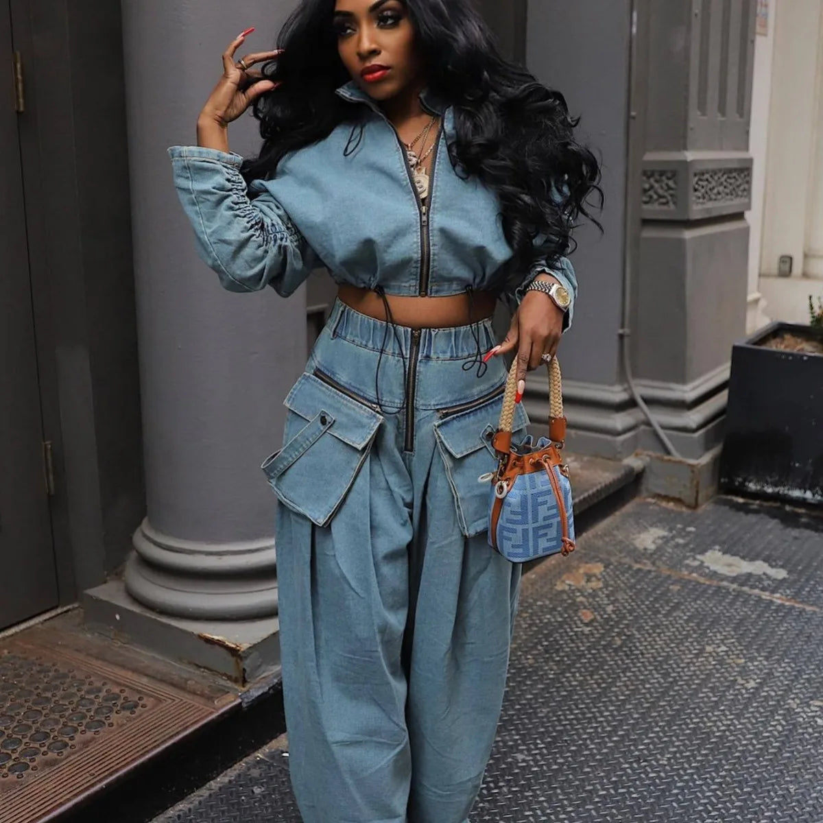 Fall Denim Suit For Women Long Sleeve Lapel Top And Wide Leg Pant Outfits Comfortable Solid Color Ladies Two-Piece Set