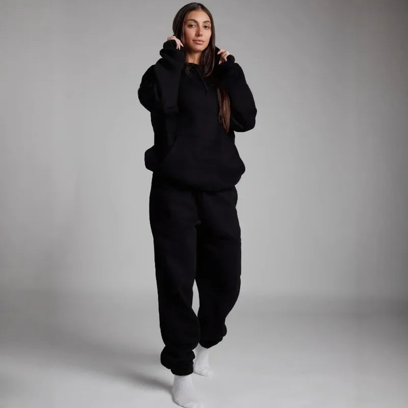 Fitness Workout Outfits Autumn Winter Women Tracksuit Sport Pocket Sweatshirt Hoodies with Eye Patch Sweatpants Two Piece Set