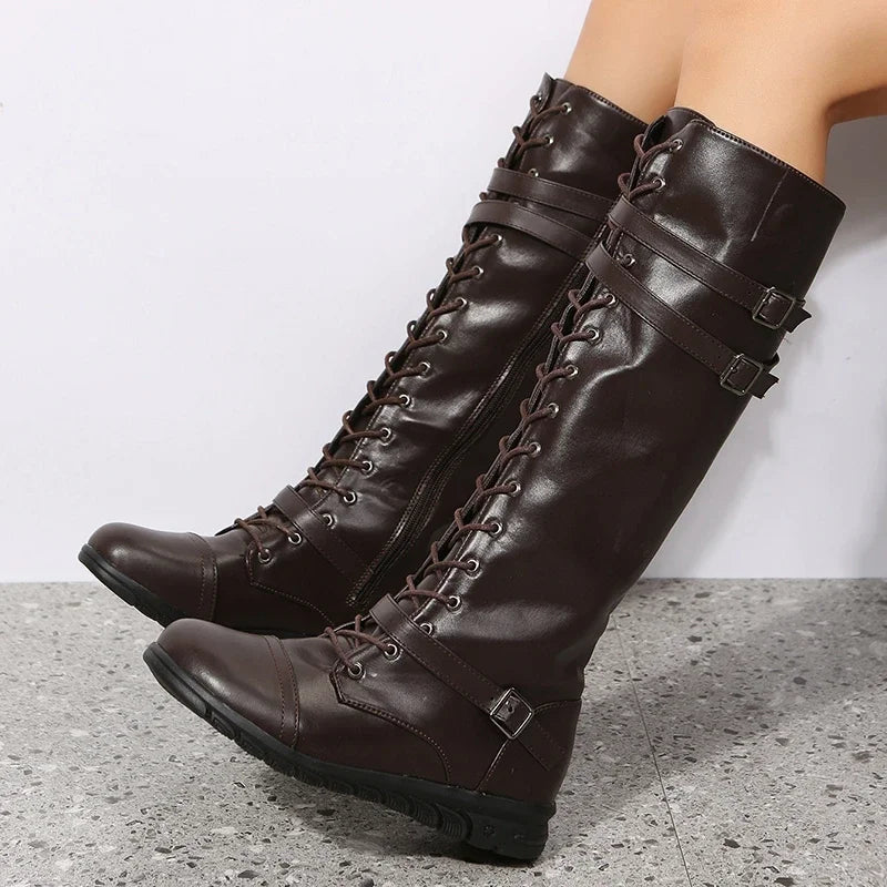 Winter Boots for Women 2024 Combat Cowboy Knee High Long Leather Platform Shoes Black Gothic New Rock Punk