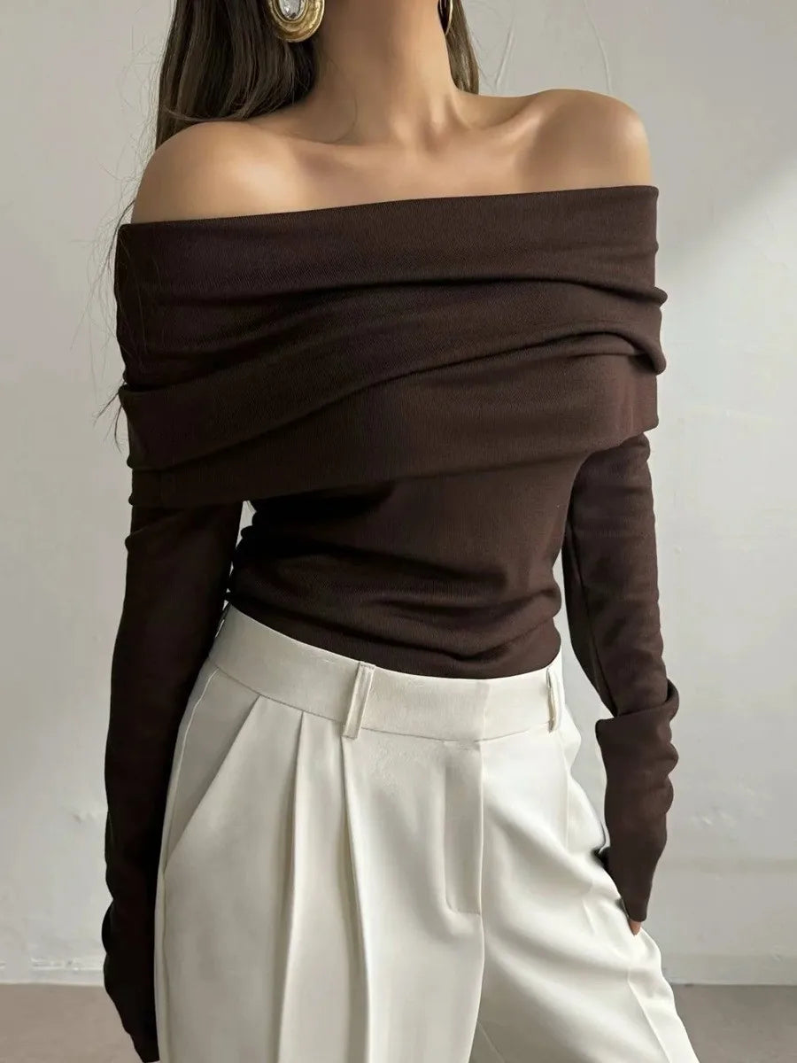 Sweater Women's Autumn and Winter Style Long Sleeved Knitted Base Shirt, One Shoulder Sexy Slim Fit Off Shoulder Top
