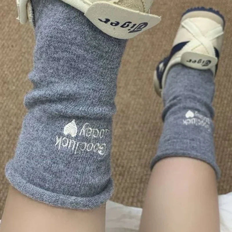 Winter Warm Thicken Cotton Socks Women Embroidery Letters Cozy Solid Color Thermal Japanese Korean Stacked Mid Calf Crew Socks