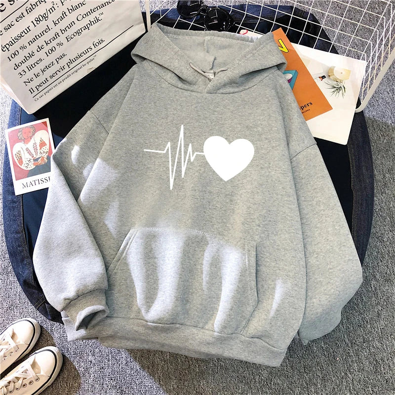 Woman Hooded Sweatshirt Casual Fashion Heart Print Hoodies Ladies Home Outdoor Comfort Warm Pullover Daily Sport Loose Hoody Top