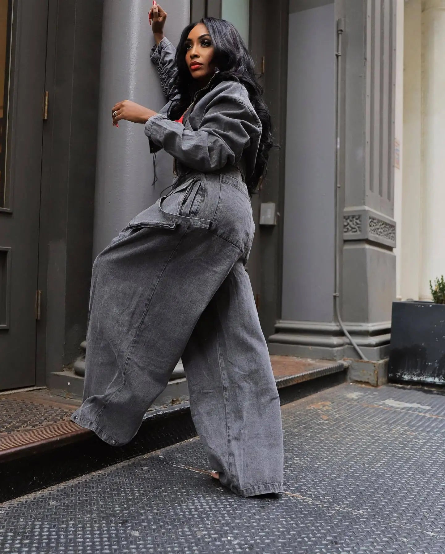Fall Denim Suit For Women Long Sleeve Lapel Top And Wide Leg Pant Outfits Comfortable Solid Color Ladies Two-Piece Set