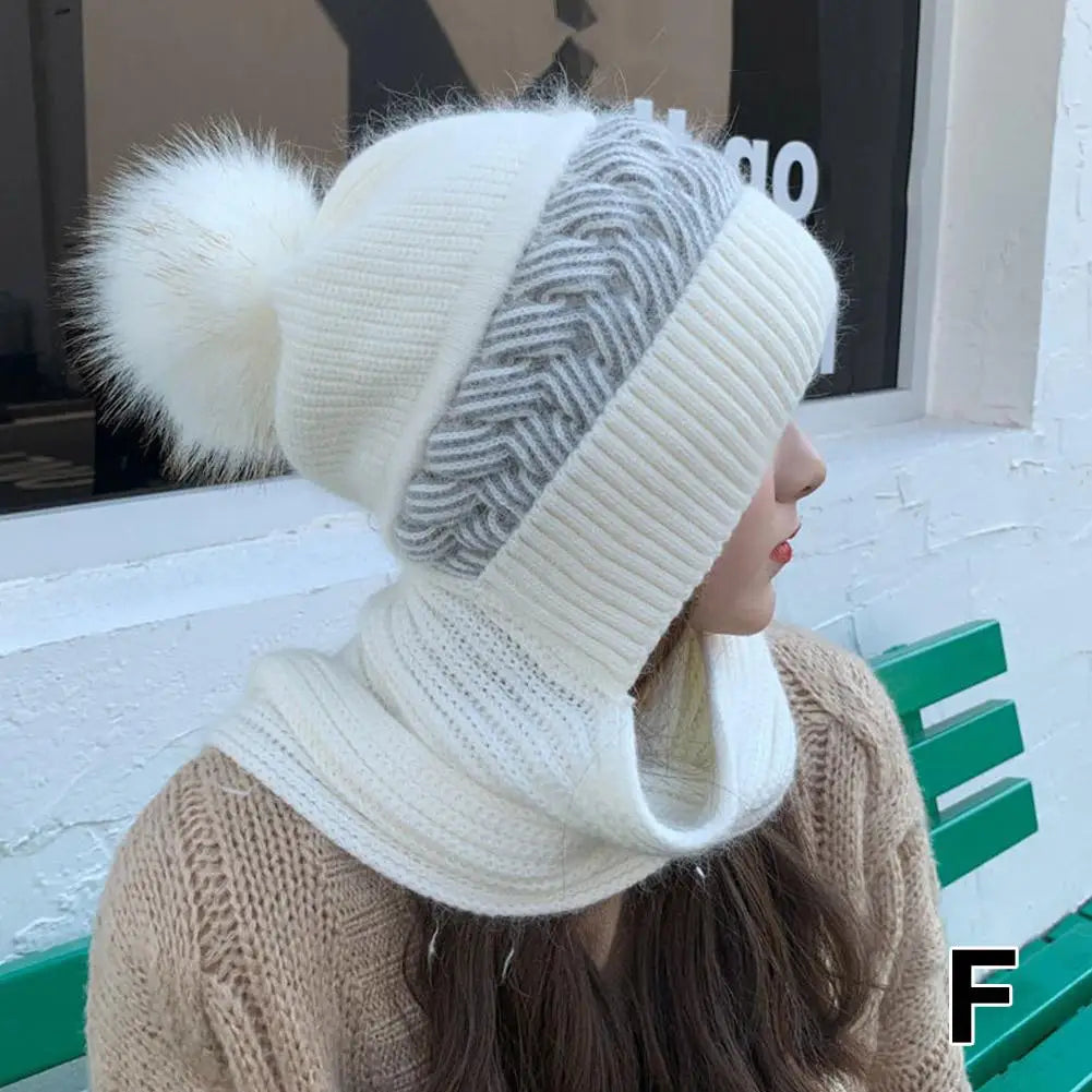 Hat scarf All-in-one  Winter Thickened Warm Double Warm Padded Windproof Comfortable Warm Knitted Hat Fits Women