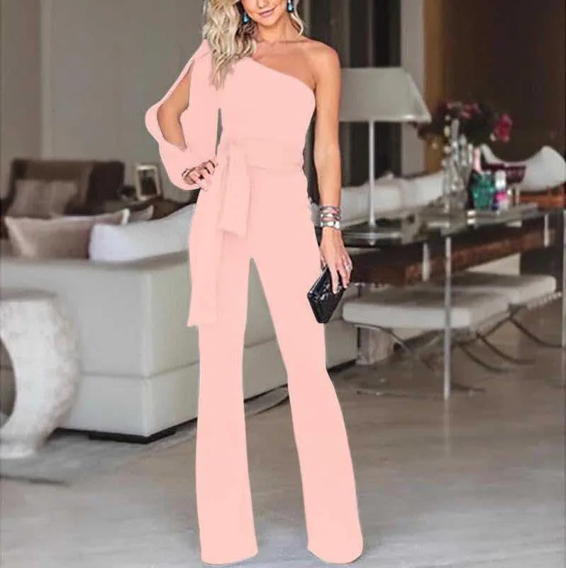 New women's single shoulder high waistband solid color slim fit sexy jumpsuit, fashionable and versatile