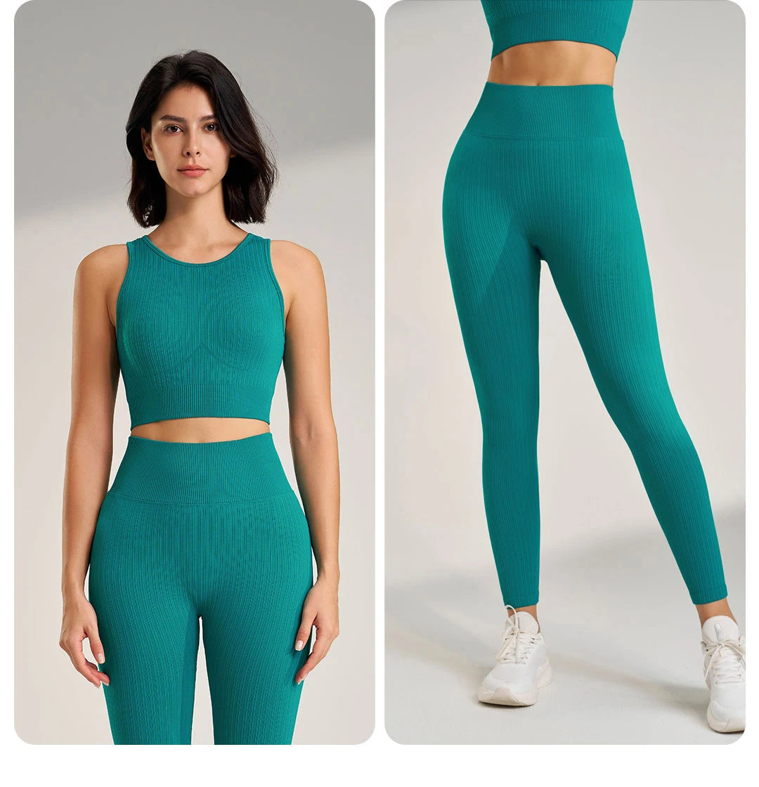 Women's Sports Fitness Suit Gym High Intensity Workout Shockproof Bra High Waisted Leggings Tights Yoga Suit Training Set