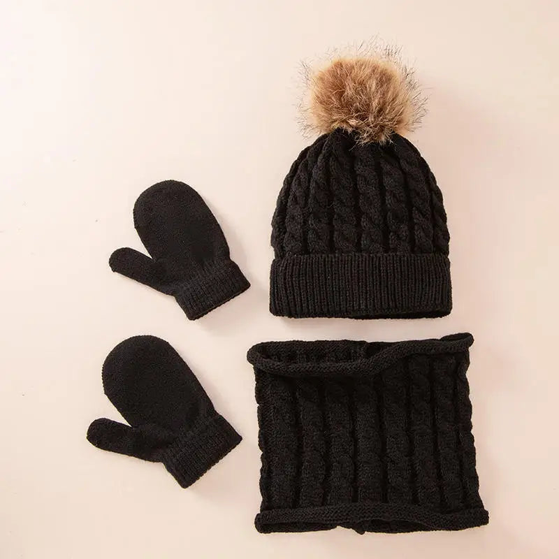 Children's Hat Scarf Gloves Suit Wool Monochrome Fried Dough Twists Warm Three Piece Children's Hat Scarf Gloves Suit