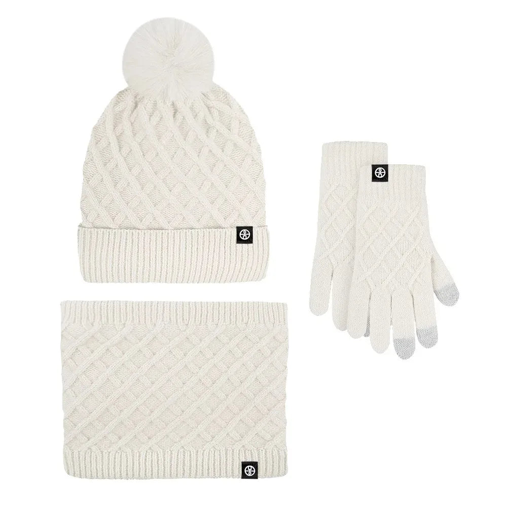 2025 Hot Hat Scarf Gloves Three-piece Winter Velvet Outdoor Warm Hairball Knitted Hat Christmas Gift Winter Warm