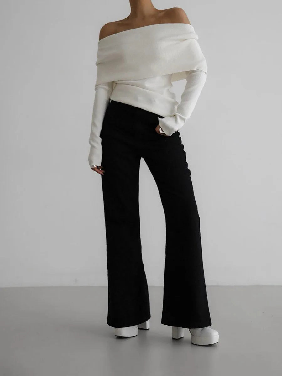 Sweater Women's Autumn and Winter Style Long Sleeved Knitted Base Shirt, One Shoulder Sexy Slim Fit Off Shoulder Top