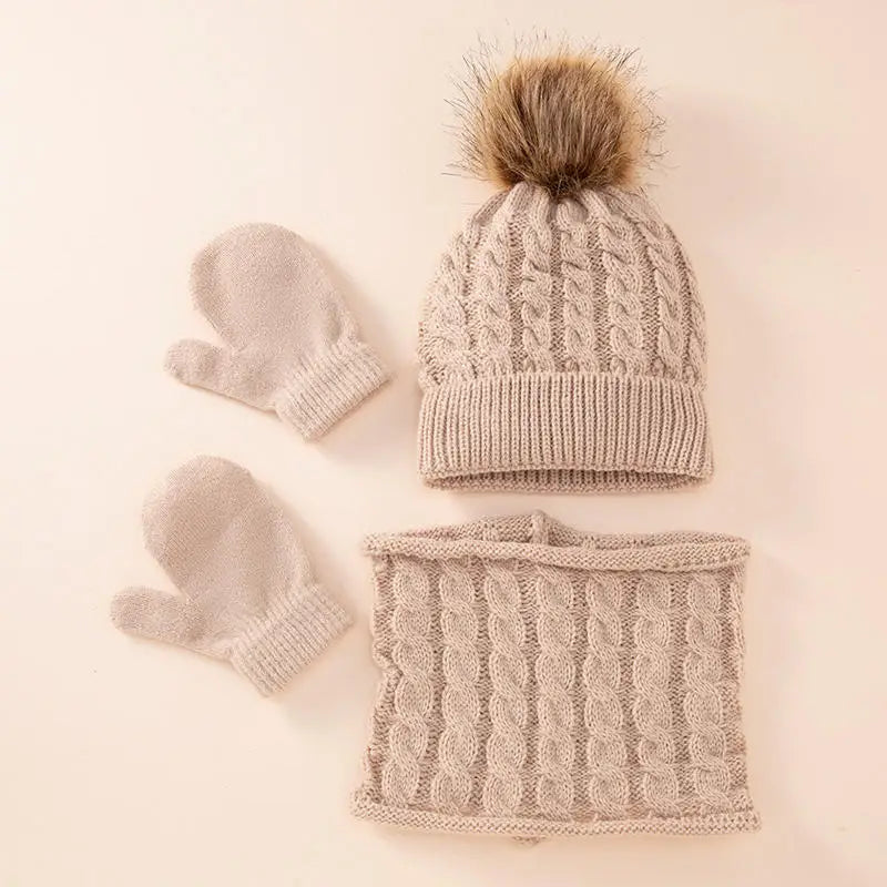 Children's Hat Scarf Gloves Suit Wool Monochrome Fried Dough Twists Warm Three Piece Children's Hat Scarf Gloves Suit