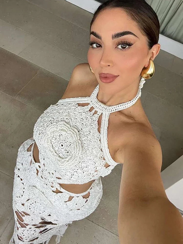 Hook Crochet Flower Long Dresses Women Knitted Halter Sexy Hollow Out Sleeveless Backless Maxi Dress Holiday Fashion Beach Robes