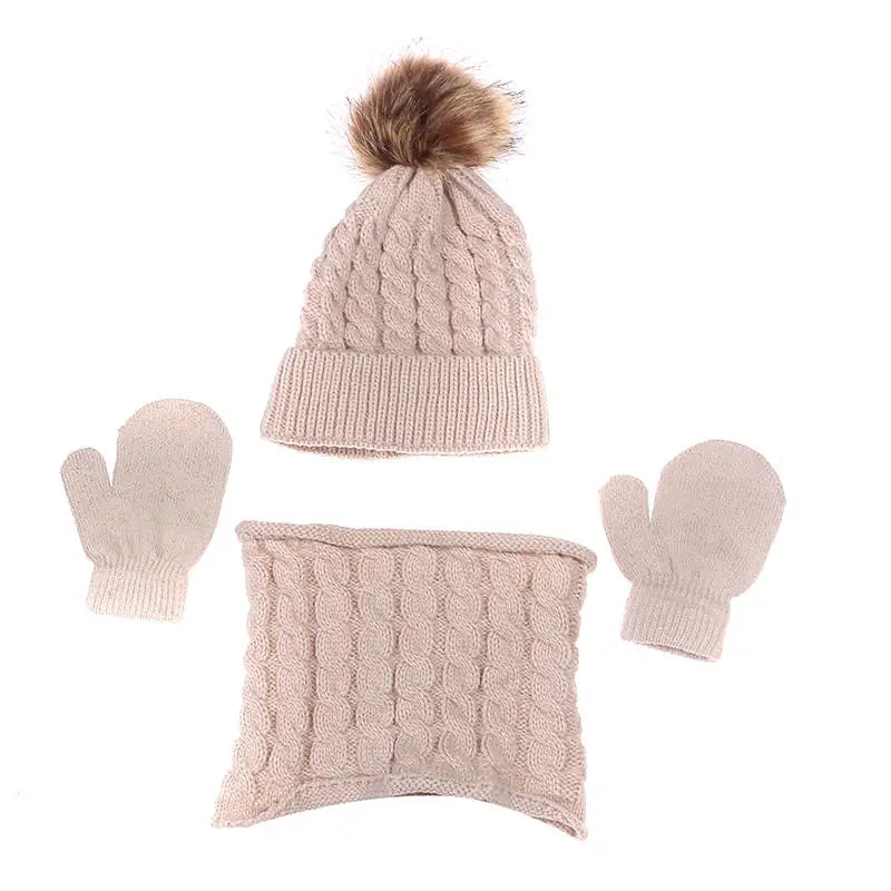Children's Hat Scarf Gloves Suit Wool Monochrome Fried Dough Twists Warm Three Piece Children's Hat Scarf Gloves Suit