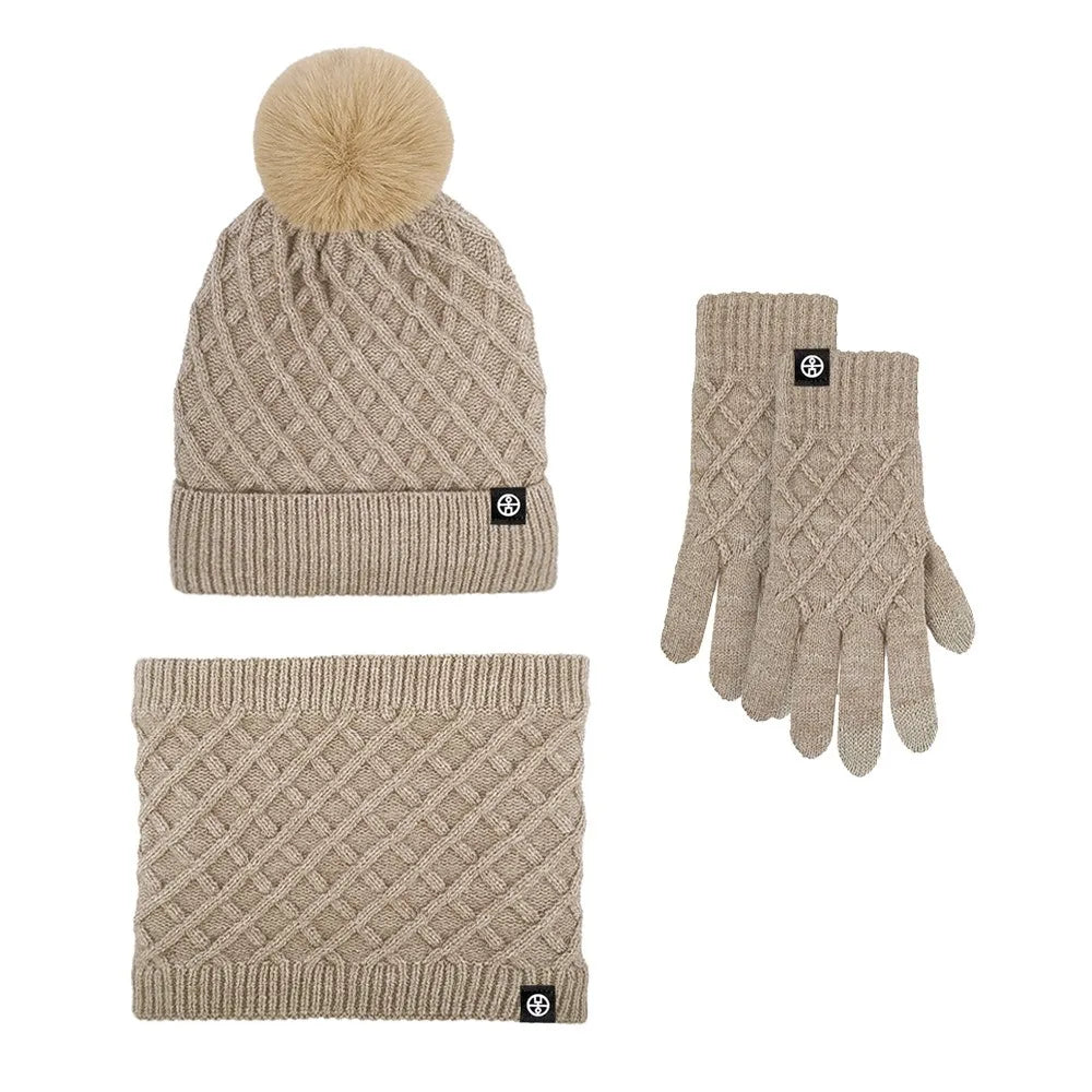 2025 Hot Hat Scarf Gloves Three-piece Winter Velvet Outdoor Warm Hairball Knitted Hat Christmas Gift Winter Warm